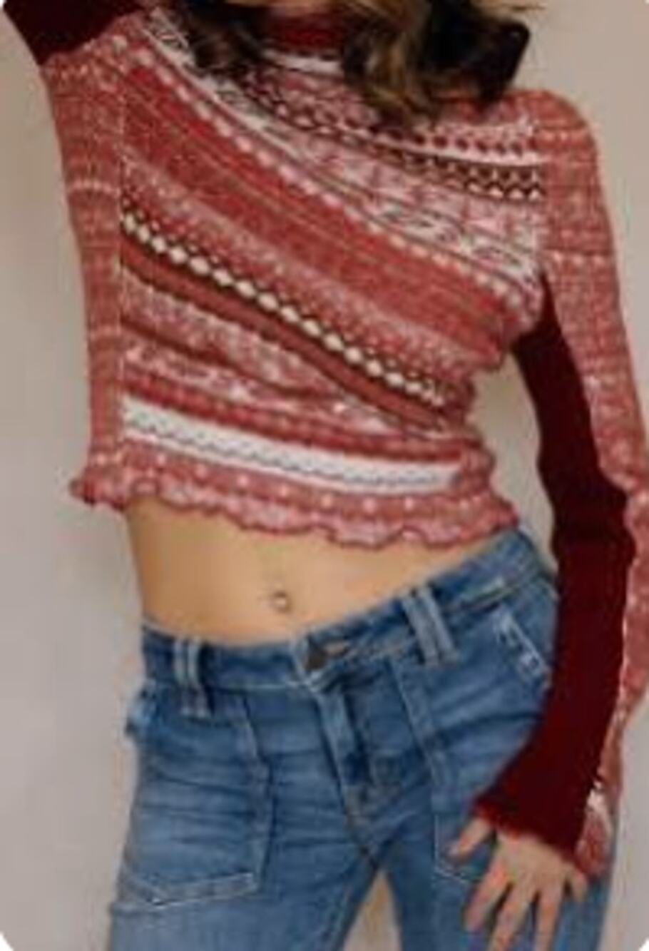 Free People Bali Juniper Turtleneck Sweater Size M Rhubarb Combo Mixed Knit Boho